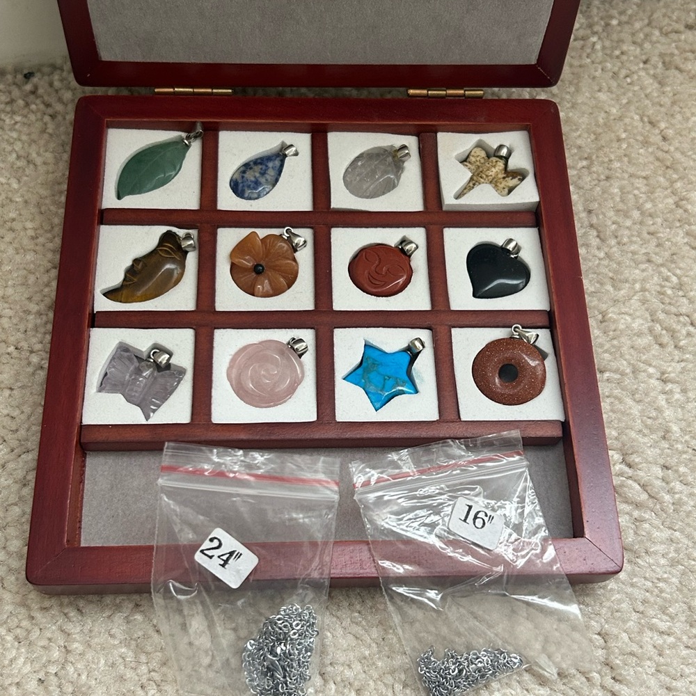 12 Carved Gemstone Pendant Collection W/Wood Display Box + 2 Sterling 925 Chains